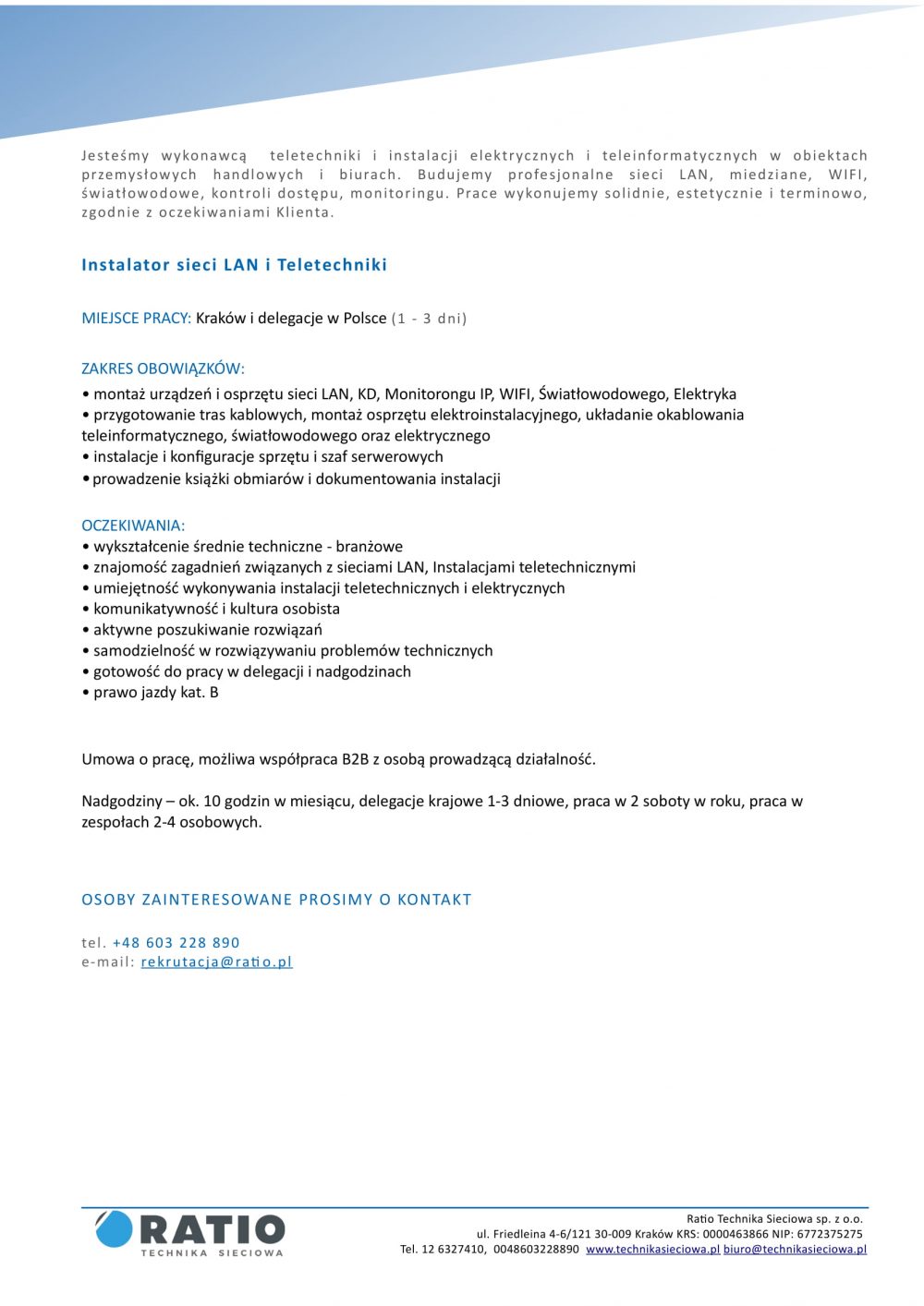 Oferta pracy - Instalator LAN i Teletechniki