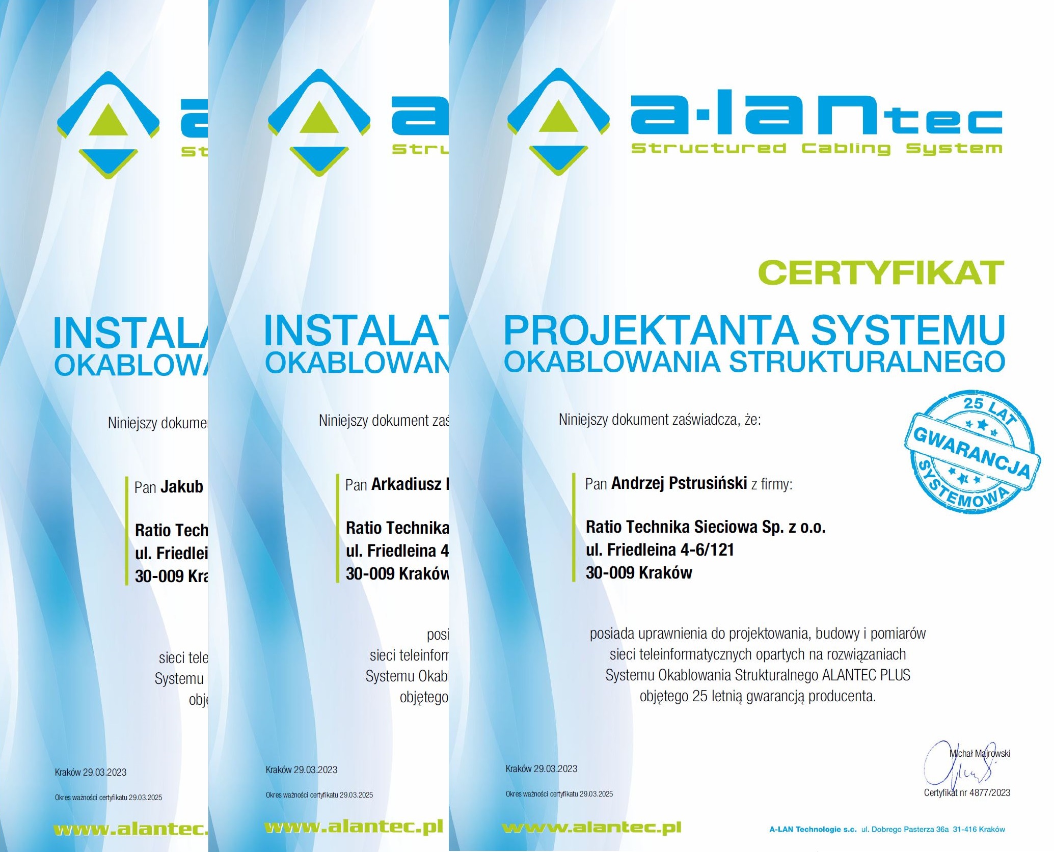 Certyfikat Instalacji sieci LAN ALANTEC - dla Ratio Technika Sieciowa Sp. z o.o.